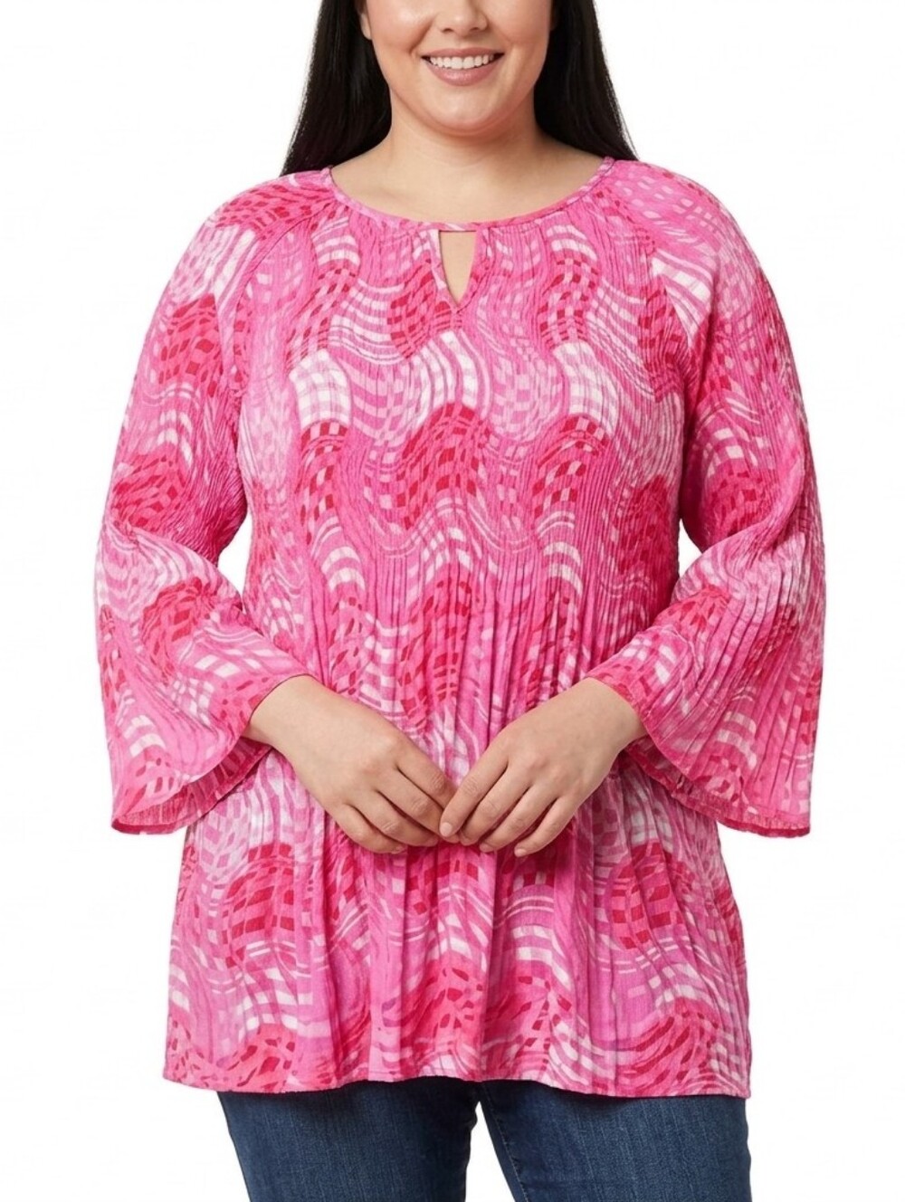 Sunny Leigh Pink Swirl Pattern Plus-Size Peasant Pleated Keyhole Relaxed Top 1X